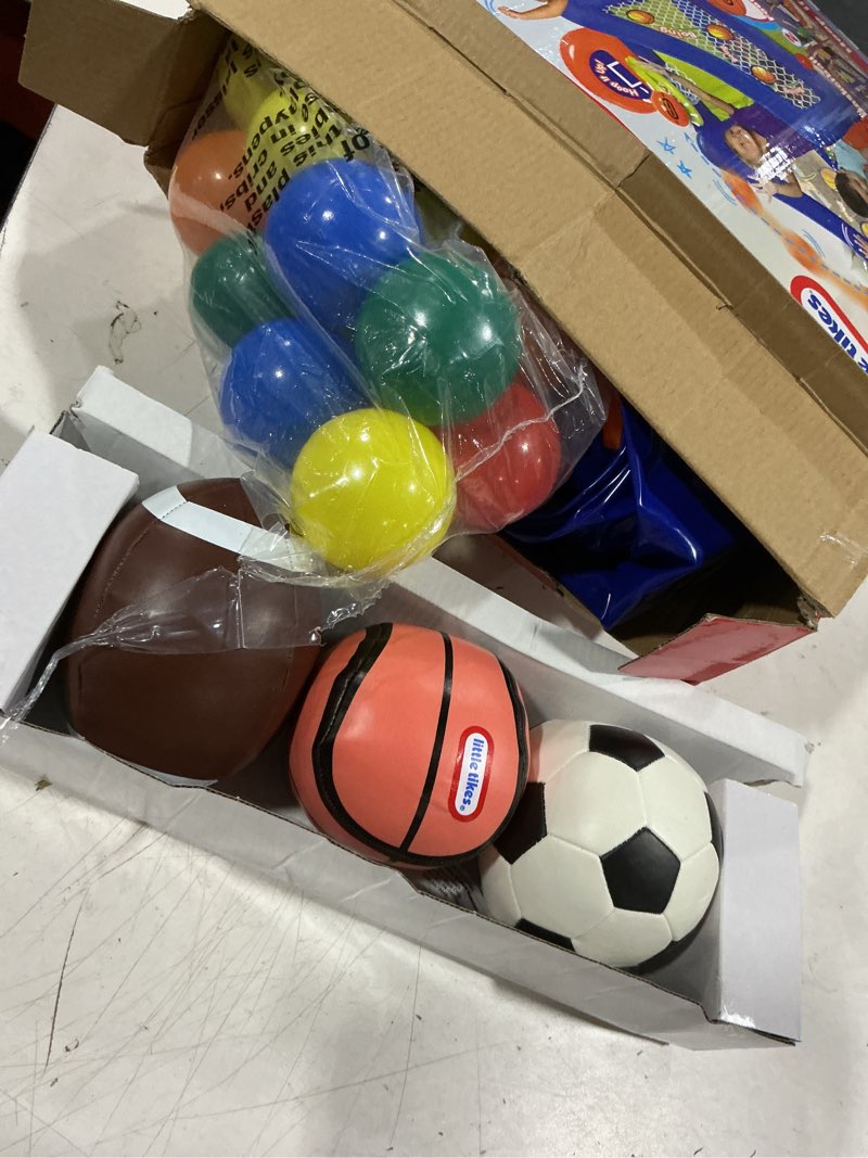 Condition photo showing As Is for little tikes hoop it up! play center, 3 in 1sports 25 ball value pack, indoor and outdoor play for children 3 to 6 years old