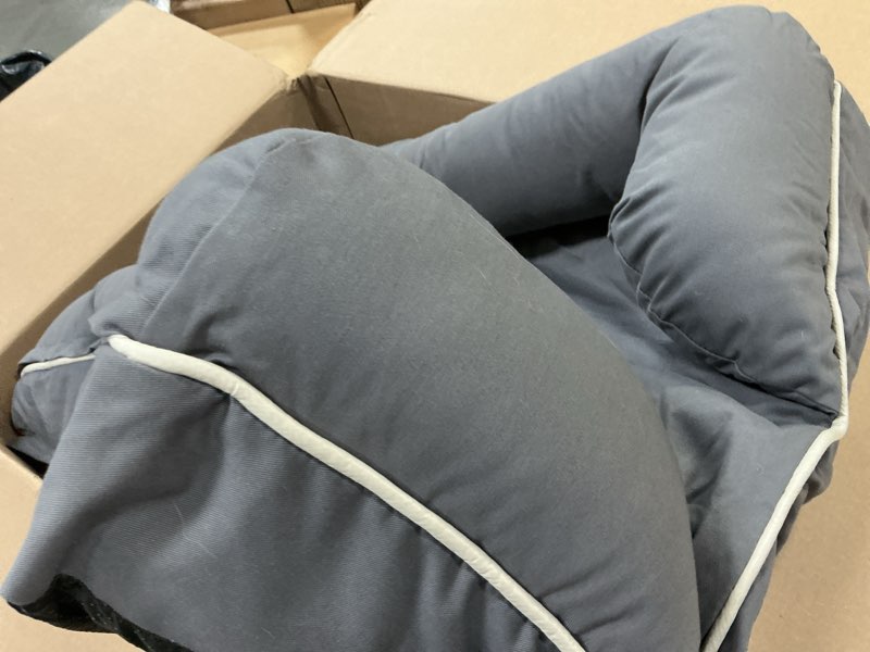 Condition photo showing As Is for petfusion ultimate dog bed, orthopedic memory foam, multiple sizes and colors, medium firmness pillow, waterproof liner, ykk zippers, breathable 35% cotton cover large (36x28") slate grey