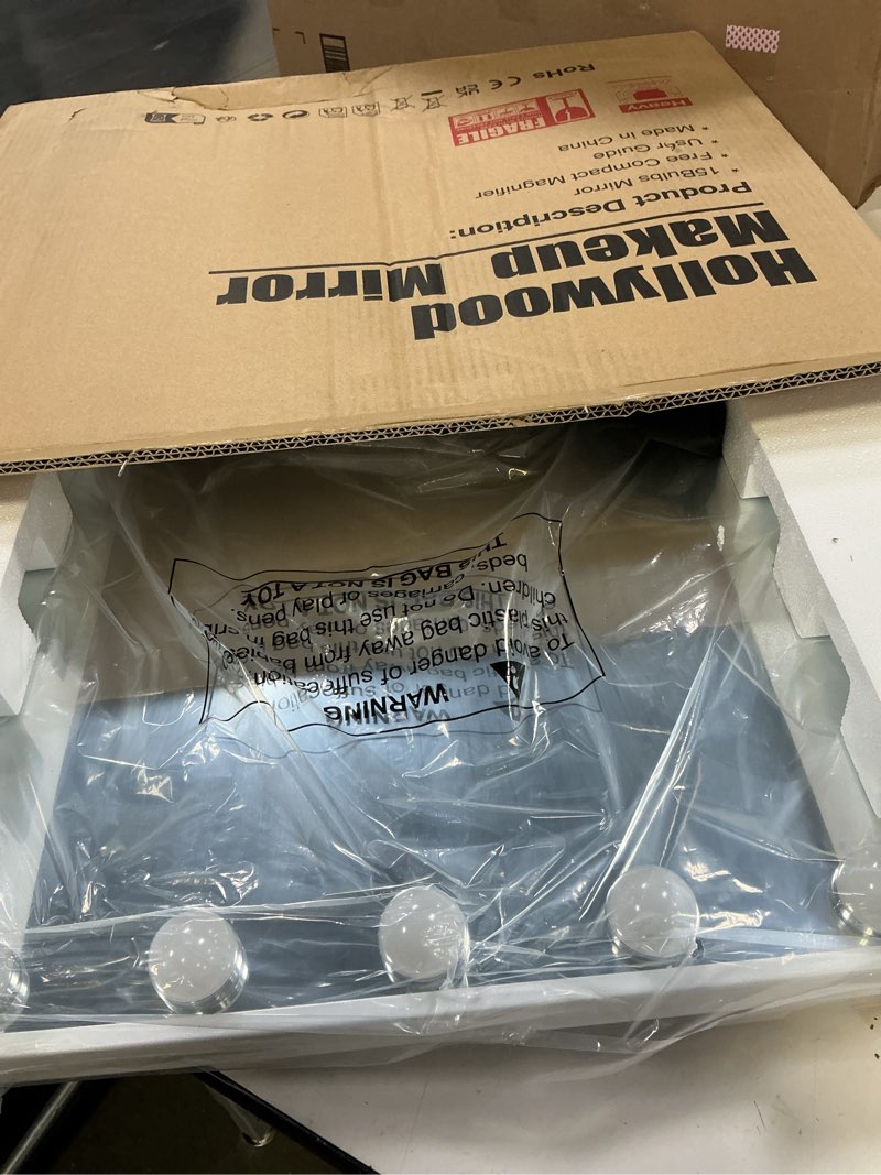 Condition photo showing Good Condition for Hansong Vanity Mirror with Lights: Hollywood Lighted Makeup Mirror with 15 LED Bulbs, 22.8''x18'' Light Up Mirror with 3 Colors Modes for Desk, Large Mirrors with USB Charging Port for Bedroom, White