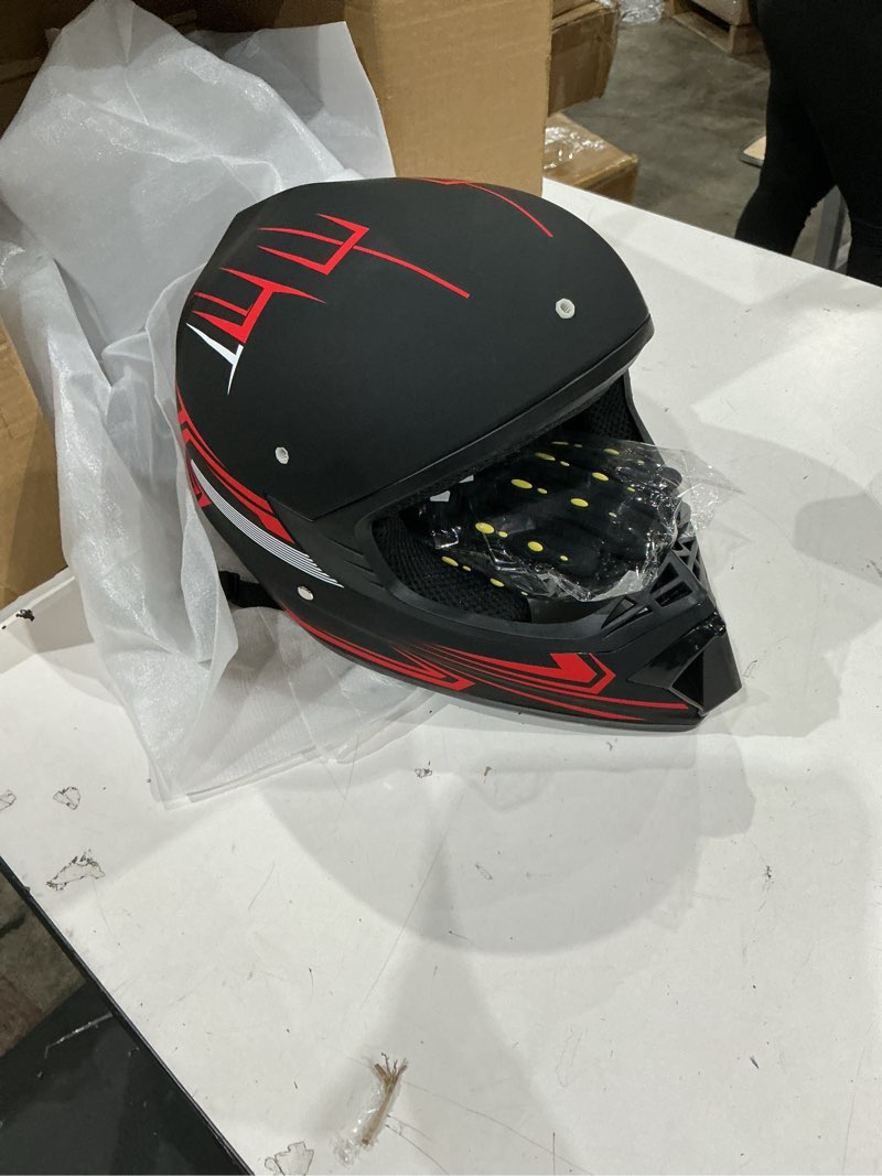 Condition photo showing New/Like New for spark dot approved youth motocross helmet kids dirt bike helmets - full face, lightweight & breathable for off-road e-bike bmx mx atv (with gloves goggles mask) 4pcs set, black red, medium (57-58cm) medium black red