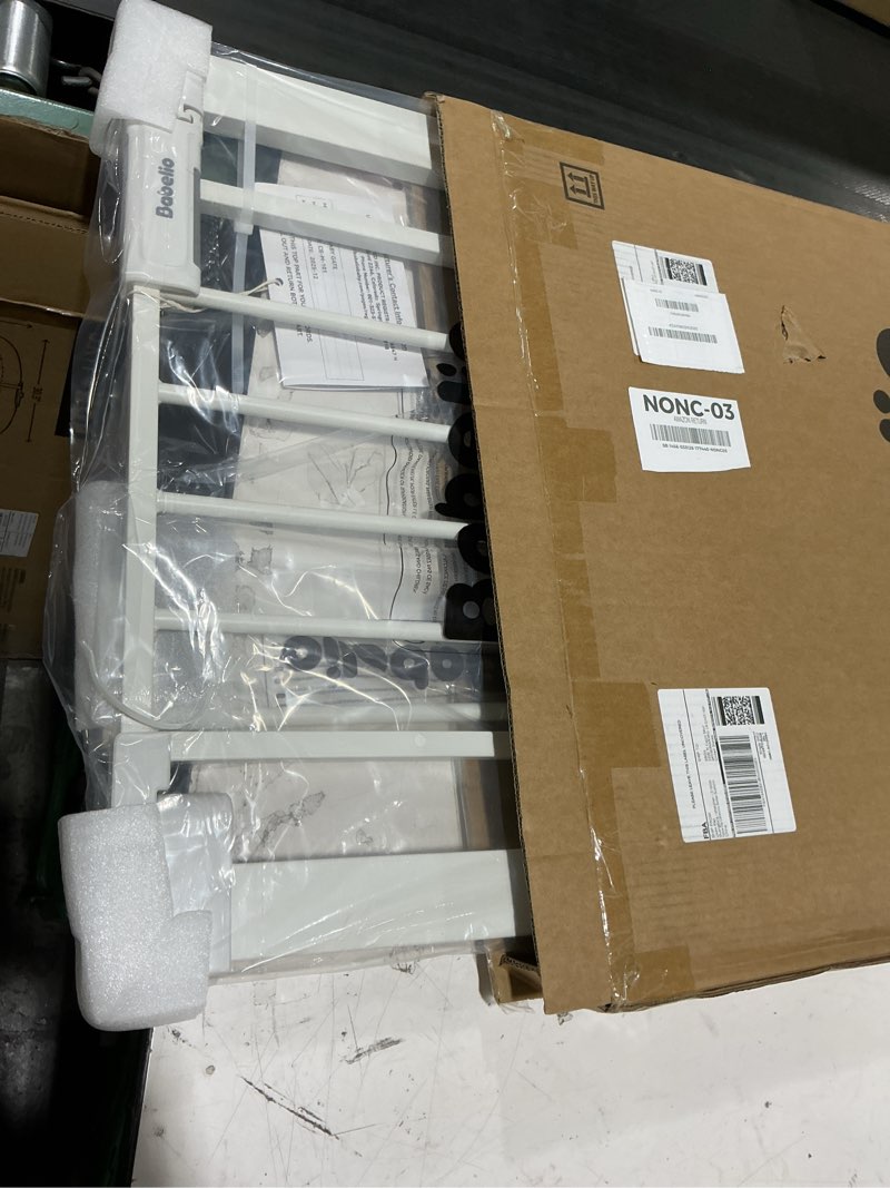 Condition photo showing New/Like New for babelio baby gate for doorways and stairs, 26-31" pet gate with wide walk thru door and lock indicator, no drill pressure mounted safety gate with double lock and self-closing, white white 26-31"w, 30"h