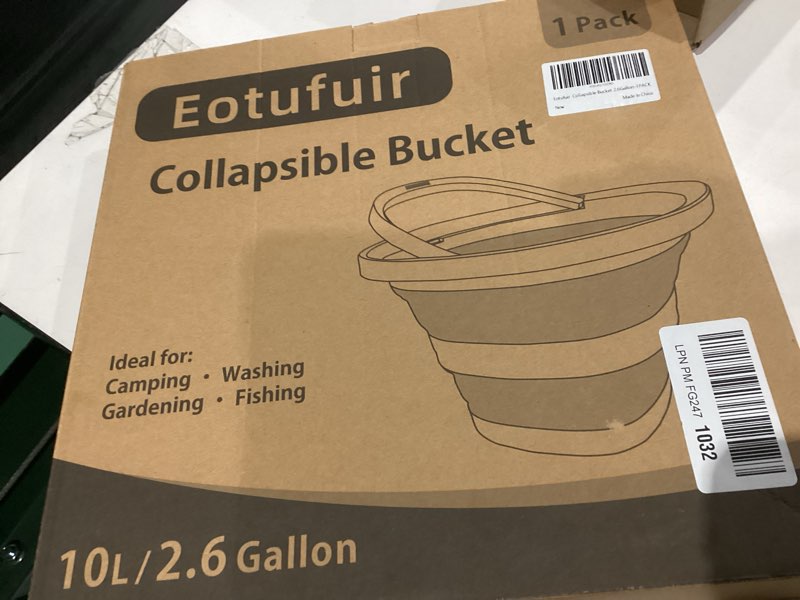 Condition photo showing As Is for Eotufuir 1Pack Collapsible Bucket 2.6Gal (10L) - Folding Bucket for Camping, Car Wash, Gardening, Cleaning & Outdoor | Portable Space-Saving Design with Handle, Easy to Carry & Store Grey*1