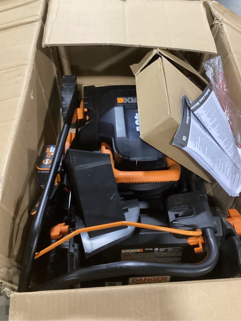 Condition photo showing As Is for WORX 40V 17" Cordless Lawn Mower for Small Yards, 2-in-1 Electric Mower Cuts Quiet, Compact & Lightweight Push Lawn Mower with 7-Position Height Adjustment – 2 Batteries & Charger Included