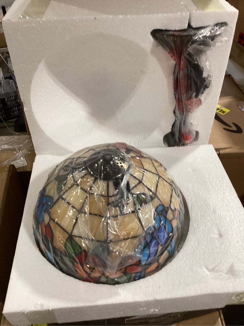 Condition photo showing Good Condition for tiffany 3-color stained glass lamp - vintage beside reading lamp, 12 inch living room light, flowers style antique nightstand light (brids flowers)