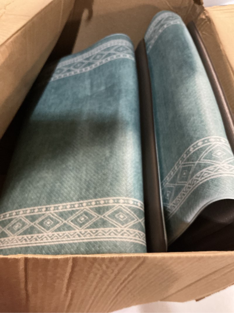 Condition photo showing Good Condition for KIMODE Anti Fatigue Kitchen Mats 17"x47"+17"x29", Farmhouse Memory Foam Kitchen Floor Mats Non Slip, Turquoise Kitchen Mats for Floor, Waterproof Standing Mats for Laundry Office Sink Desk 17.3" x 47"+17.3" x 29"--0.47 inches Turquoise/White