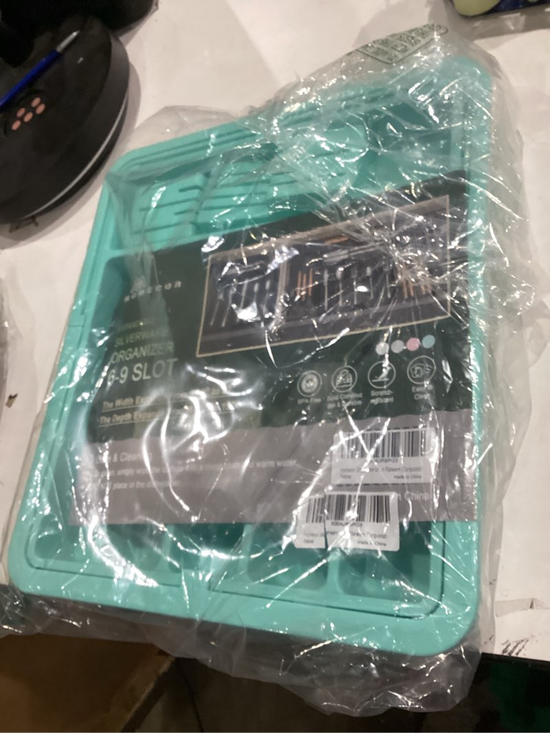 Condition photo showing New/Like New for Homecor Silverware Organizer - Expandable Large Kitchen Drawer Organizer Utensil Organizer with 2 Knife Block Inserts, 22"x 19"Cutlery Tray with Drawer Dividers for Kitchen Flatware (Turquoise)