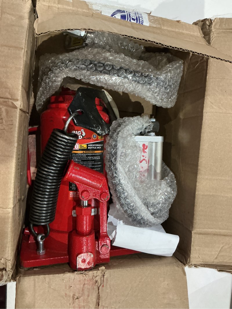 Condition photo showing As Is for torin jacks 20 ton pneumatic air hydraulic bottle jack with manual hand pump  red?ta92006