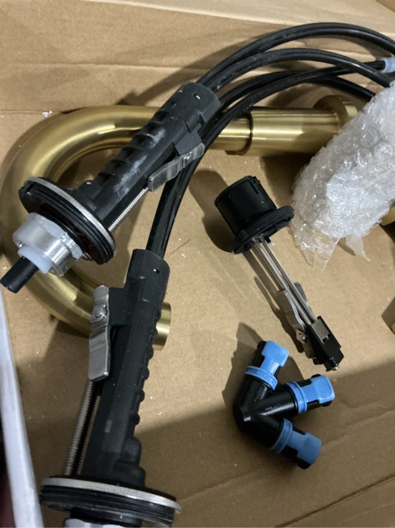 Condition photo showing As Is for allen + roth harlow brushed gold widespread 2-handle watersense mid-arc residential handle bathroom sink faucet with drain