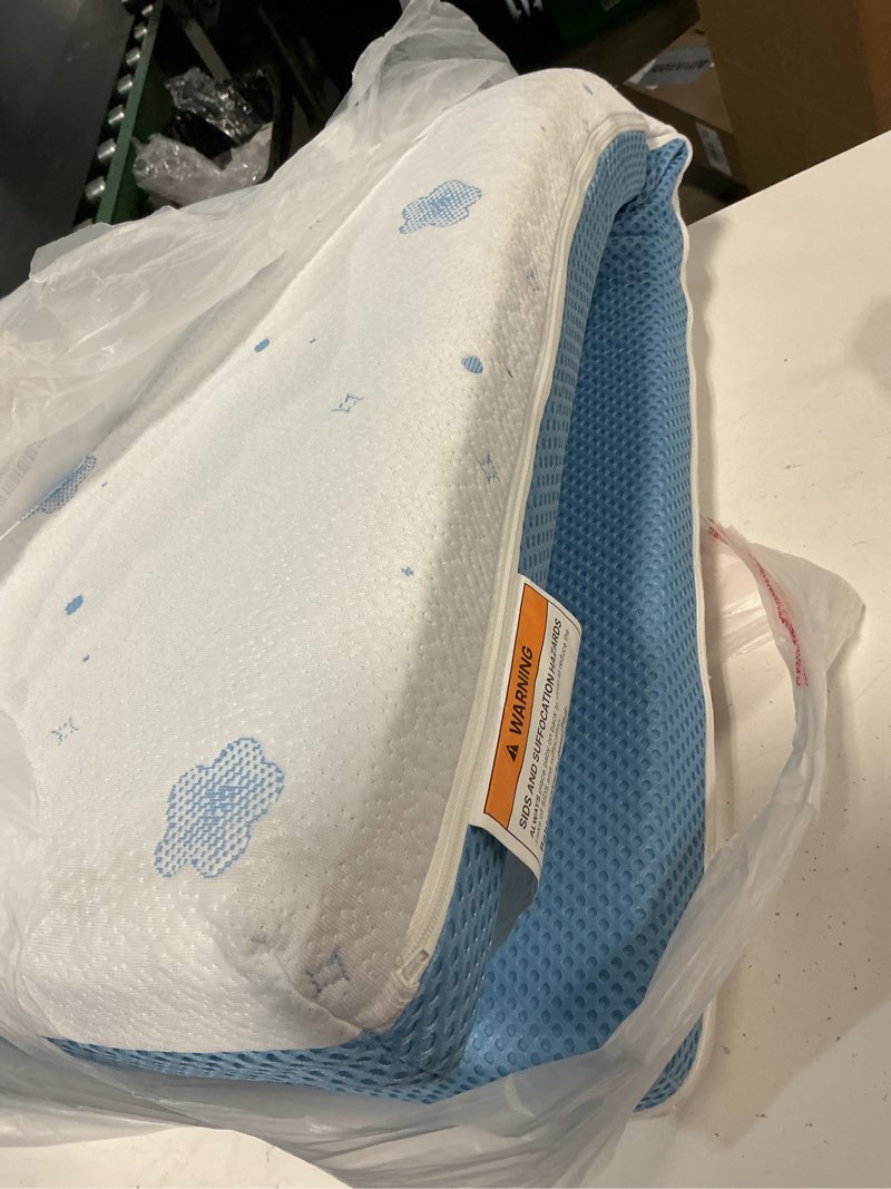 Condition photo showing As Is for mamazing baby crib and toddler mattress, 2-stage breathable mattress, non-toxic, waterproof sleep surface, machine-washable cover for easy care, fits any standard full size baby crib & toddler bed standard 52'' x 28''
