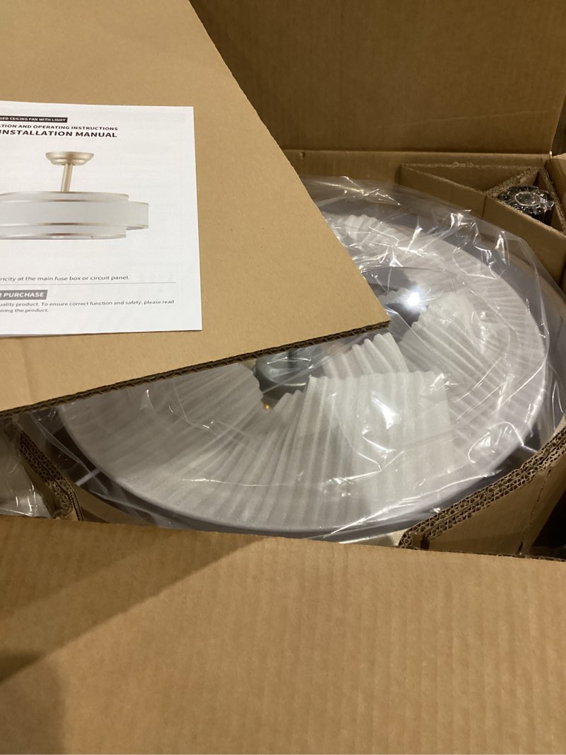 Condition photo showing New/Like New for 19.7''drum chandelier dining room light fixtures,5-light modern farmhouse chandelier with white linen lampshade,3-tier gold pendant lights for kitchen island, foyer, entryway, bedroom