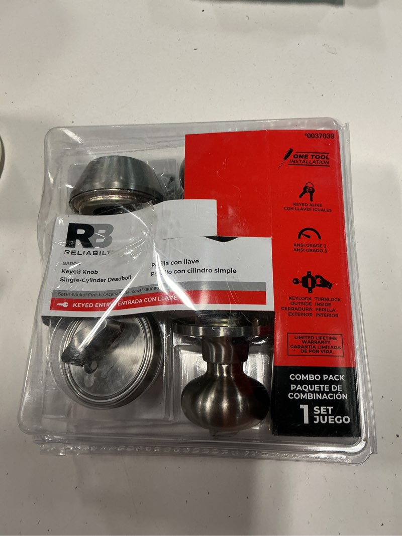Condition photo showing As Is for reliabilt baron satin nickel exterior single-cylinder deadbolt keyed entry door knob combo pack