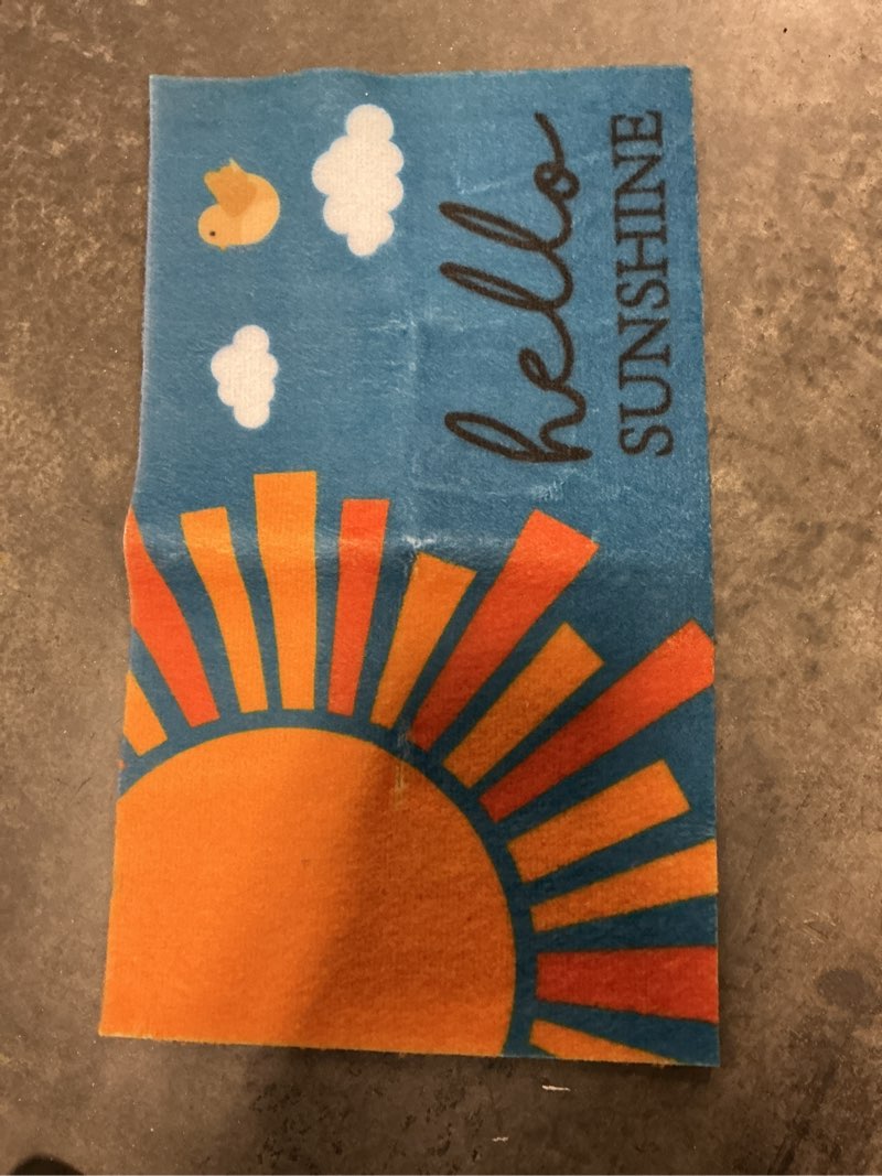 Condition photo showing Good Condition for first concept door mat, 30 in. l x 18 in. w hello sunshine coir, multicolored