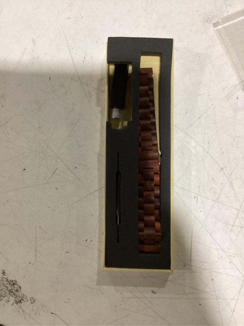 Condition photo showing As Is for wooden band 20mm, compatible for samsung galaxy watch 4/gear s2 s3/ active/active 2, natural wood red sandalwood stainless steel link bracelet strap for samsung galaxy watch 40/42/44mm