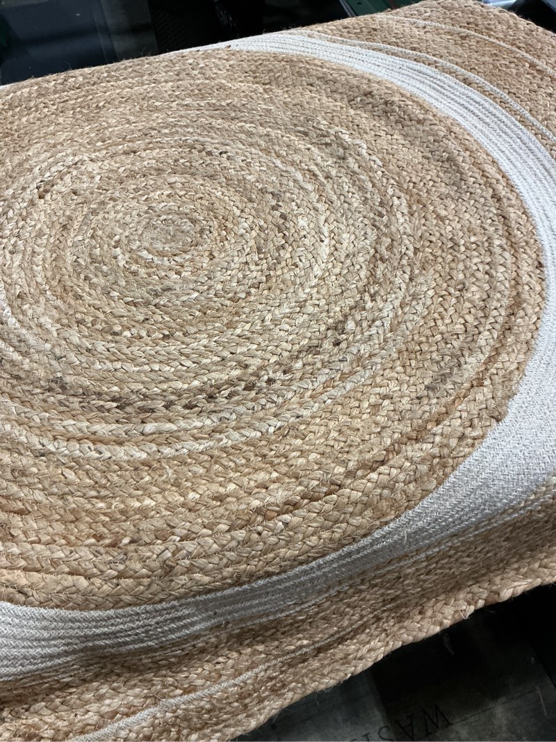Condition photo showing Good Condition for beige rug natural jute round hand braided rug farmhouse living room area rug 4x4 ft