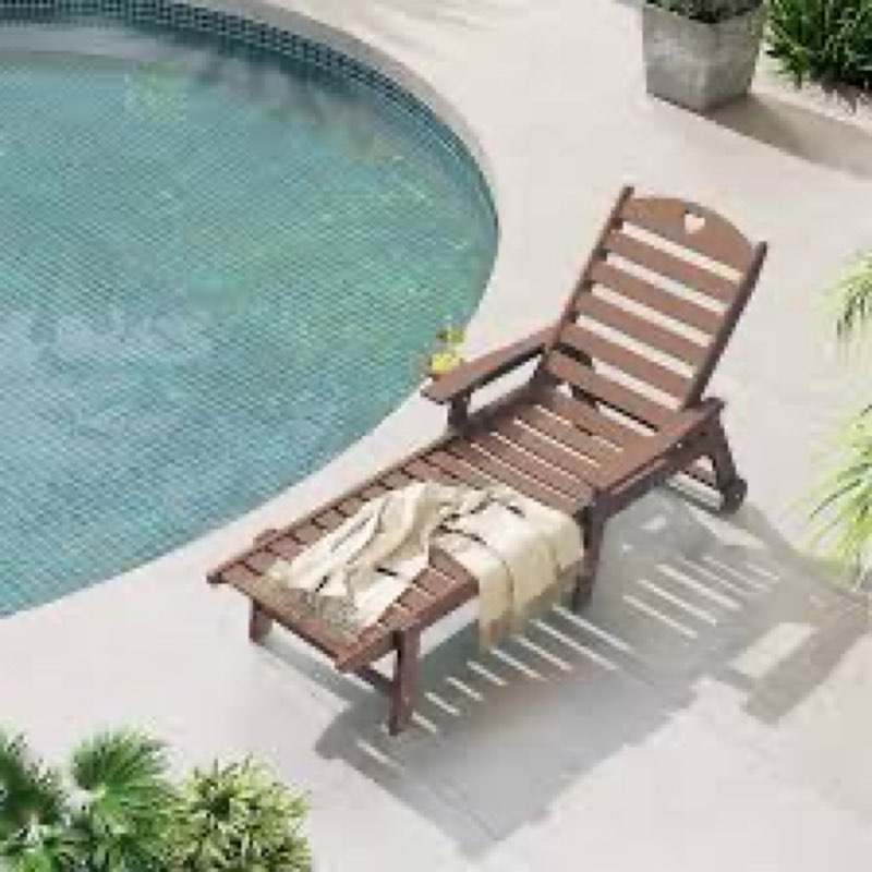 Wheels Lounge Chaise Outdoor Wood Texture Pool Lounge Chair Swimming Reclining Outdoor Chaise Lounge With Cup Holder