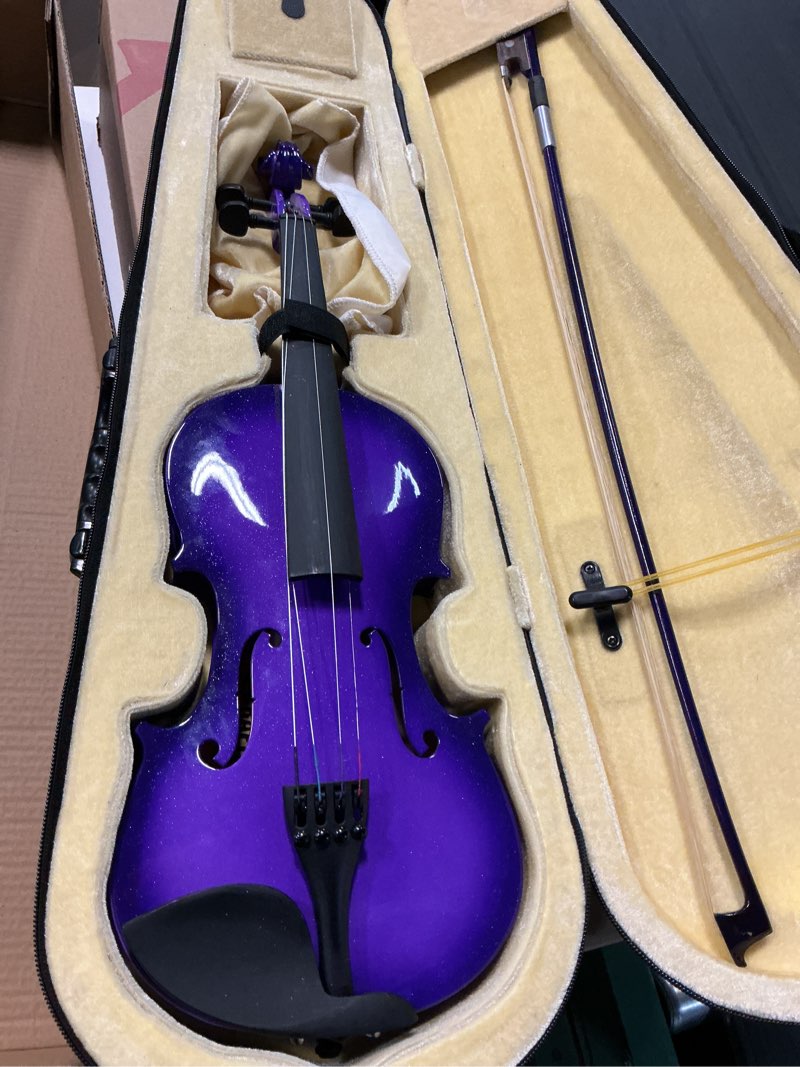 Condition photo showing Good Condition for Crafteem 1/2 Fiddle Purple Colored Premium Violin Outfit for Beginners Adults Kids With 5 Color Fingering Tape- Handcrafted Student Beginner Violin. (Purple, 1/2) 1/2 Purple