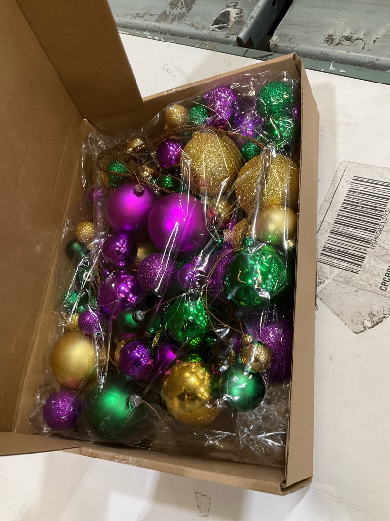Condition photo showing Good Condition for 6ft mardi gras bead garland decoration ball ornaments glitter purple gold green bulb garland for festive party supplies indoor outdoor home carnival decoration accessories