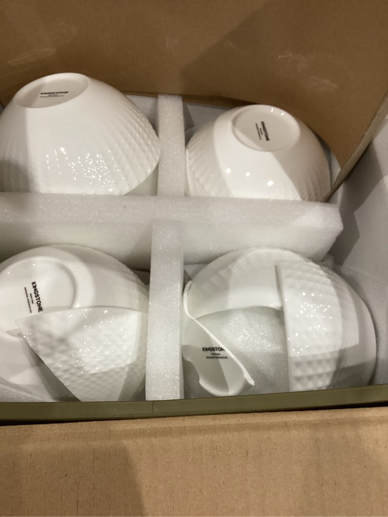 Condition photo showing As Is for kingstone bone china dinnerware set, 24-piece white lightweight porcelain for 8, plates and bowls with rhombus patterned edge design, microwave and dishwasher safe, for family, restaurant, gifting white service for 8-24pcs
