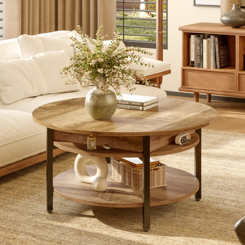 wynny 27"w round lift-top wood coffee table with storage