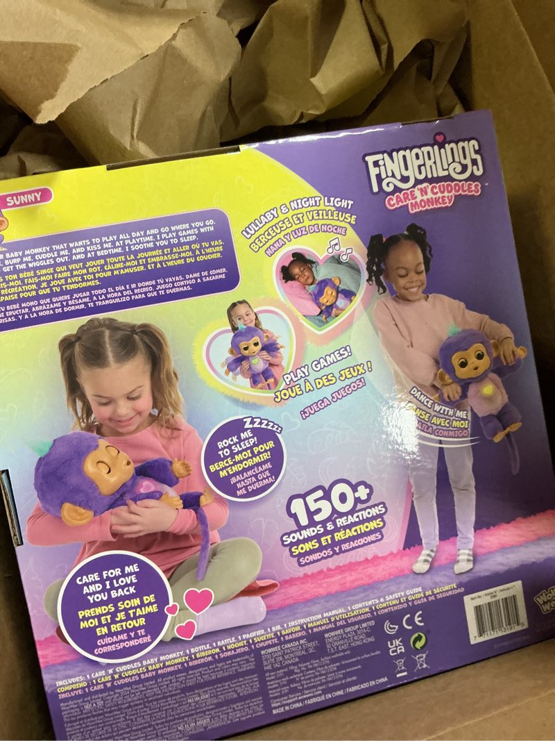 Condition photo showing New/Like New for Fingerlings Care ‘n’ Cuddles Interactive Baby Monkey, Sunny (Purple), Toys for 3 Year Olds, 150+ Sounds and Reactions, Heart Lights Up
