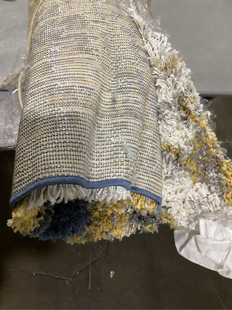 Condition photo showing Good Condition for unown size shag similar to stock.. large area rugs shag yellow grey white tye dye.. k