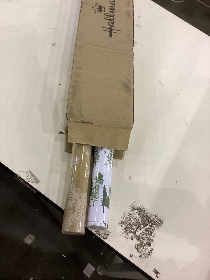 Condition photo showing New/Like New for Hallmark Christmas Wrapping Paper Rolls - Green Trees, White Pine Cones on Recyclable Brown Kraft Gift Wrap Paper (Set of 2 Rolls: 150 sq. ft. ttl.) for Holiday Parties, Winter Weddings Pine Cones, Green Trees