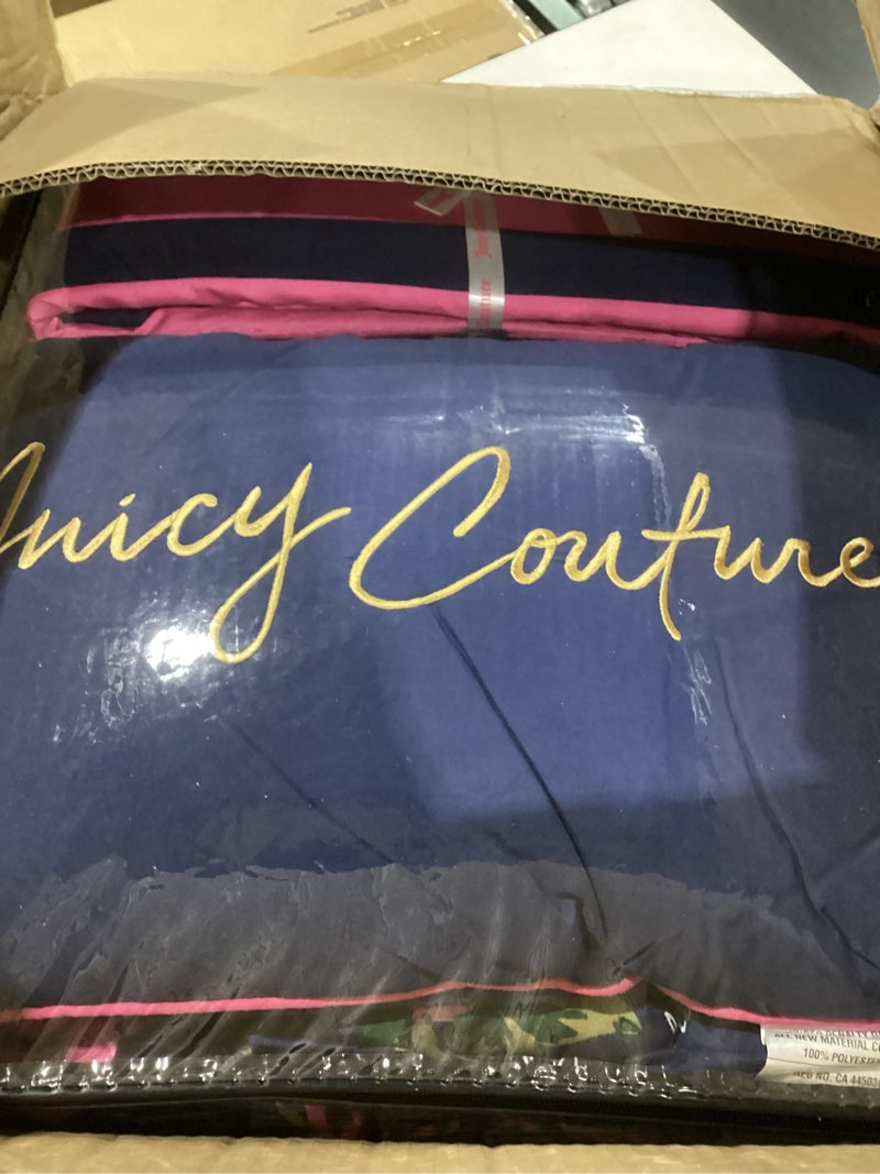 Condition photo showing Good Condition for juicy couture rose logo king comforter set, navy/pink – 8-piece complete bed in a bag king navy/pink roses
