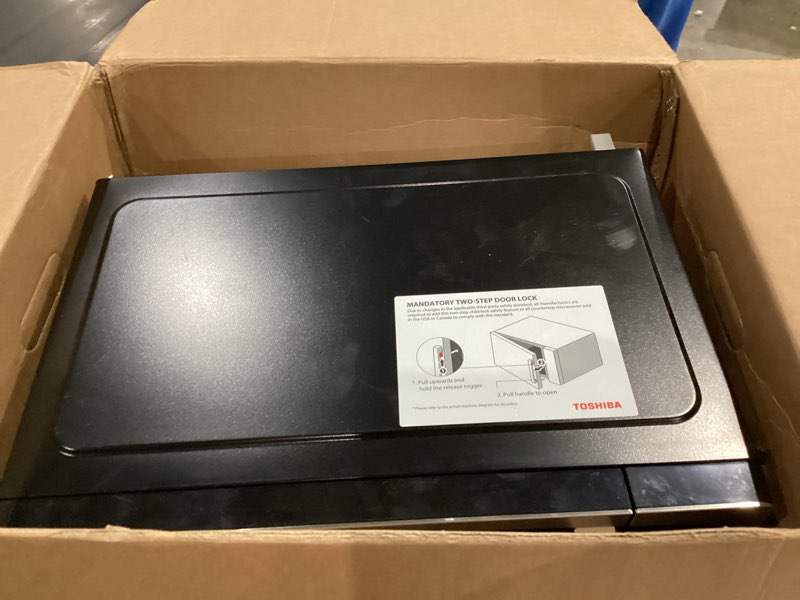 Condition photo showing As Is for toshiba ml-em09pa(ss) small microwave oven with 6 auto menus, mute function, led lighting, countertop microwave perfect for apartments, 0.9 cu ft, 10.6 inch removable turntable, 900w, stainless steel advanced-0.9 cu ft-900w-stainless steel