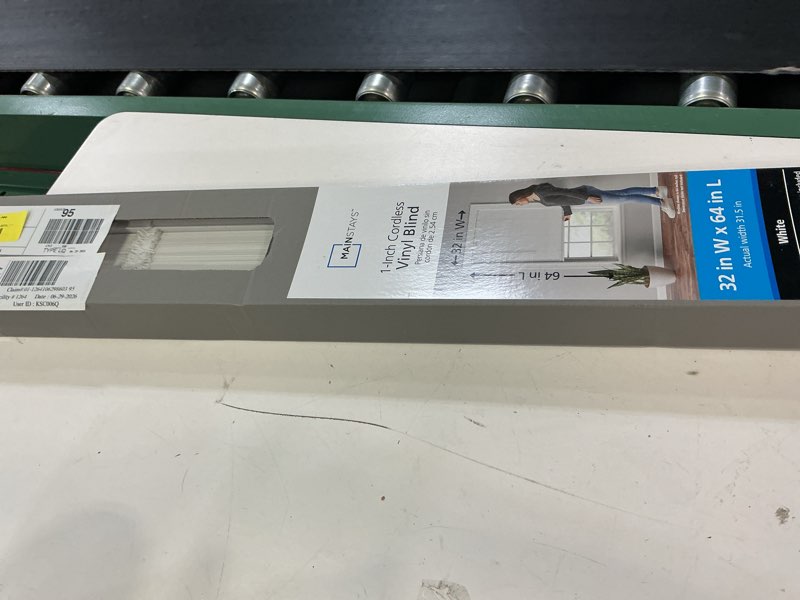 Condition photo showing Good Condition for mainstays 1" cordless room darkening vinyl blinds, white, 32"w x 64"l