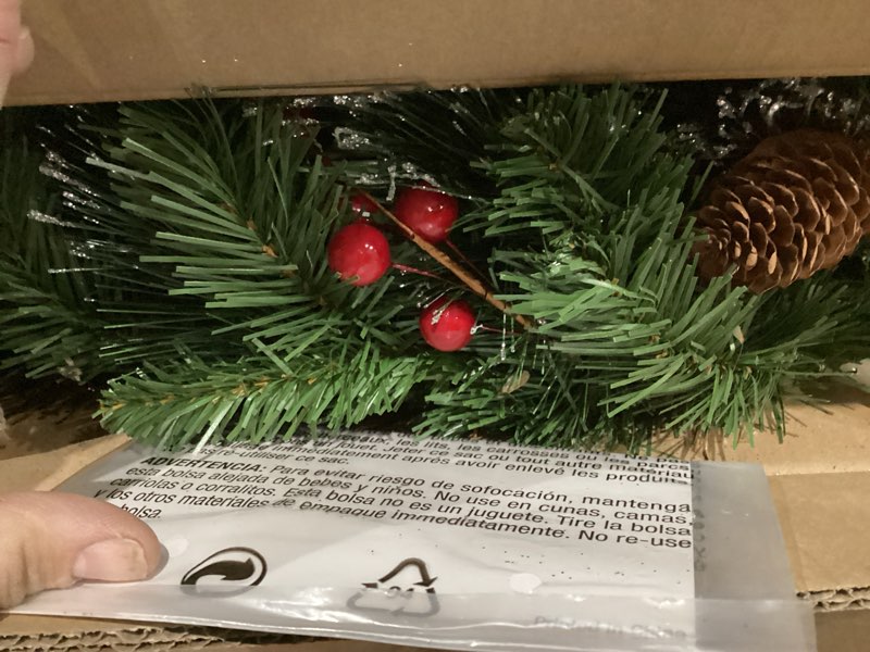 Condition photo showing Good Condition for National Tree Company 24 in Pre-Lit Crestwood Spruce Artificial Christmas Wreath, Christmas Decoration with Glitter, Pinecones, Red Berries, 50 Clear LED Lights, 160 Tips, Timer, Green 24 in Battery-Operated Wreath