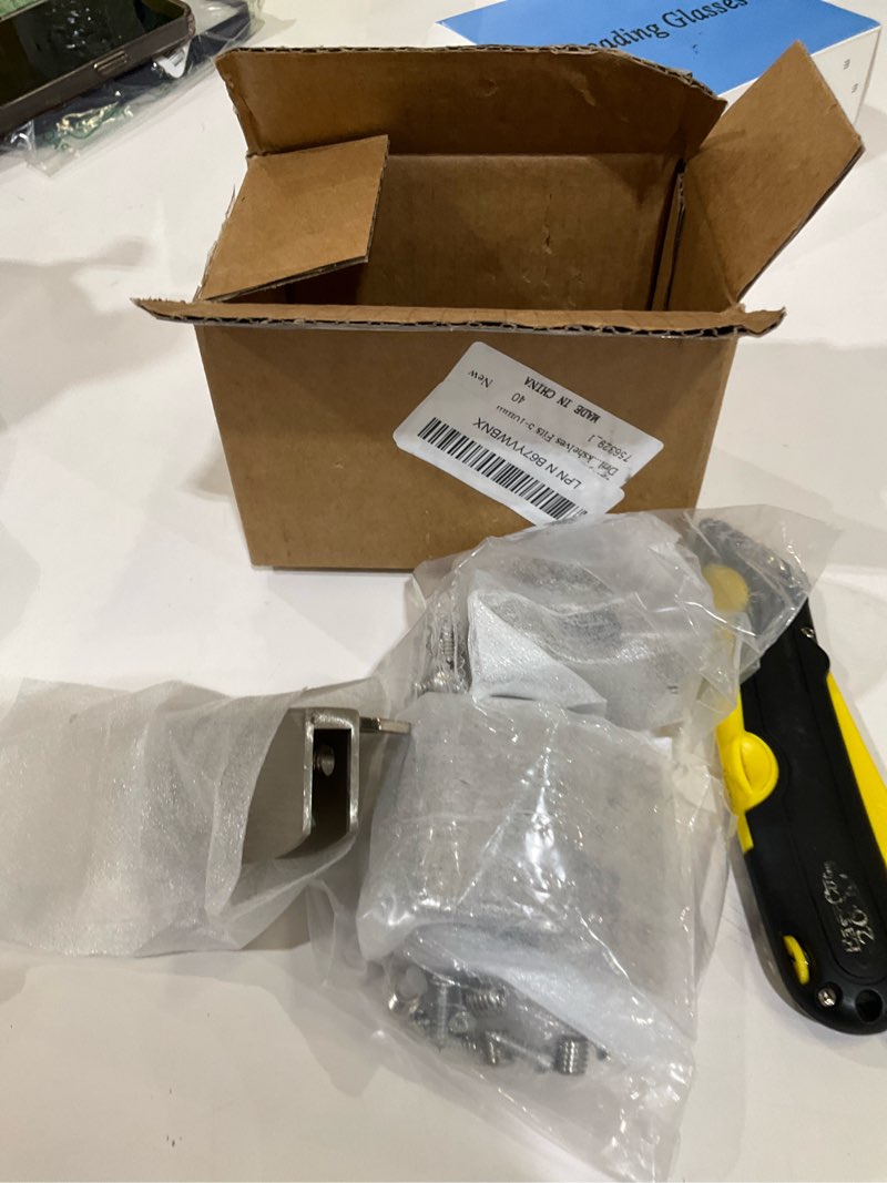 Condition photo showing As Is for 4-Pack No-Drill Glass Door Hinges Kit Zinc 90 Degree Heavy Duty Alloy Shower Cabinet Shower Door Hinge Fronts Clamp Gate Hinge Doors Clip for Showcase Bookshelves Fits 5-10mm Thickness
