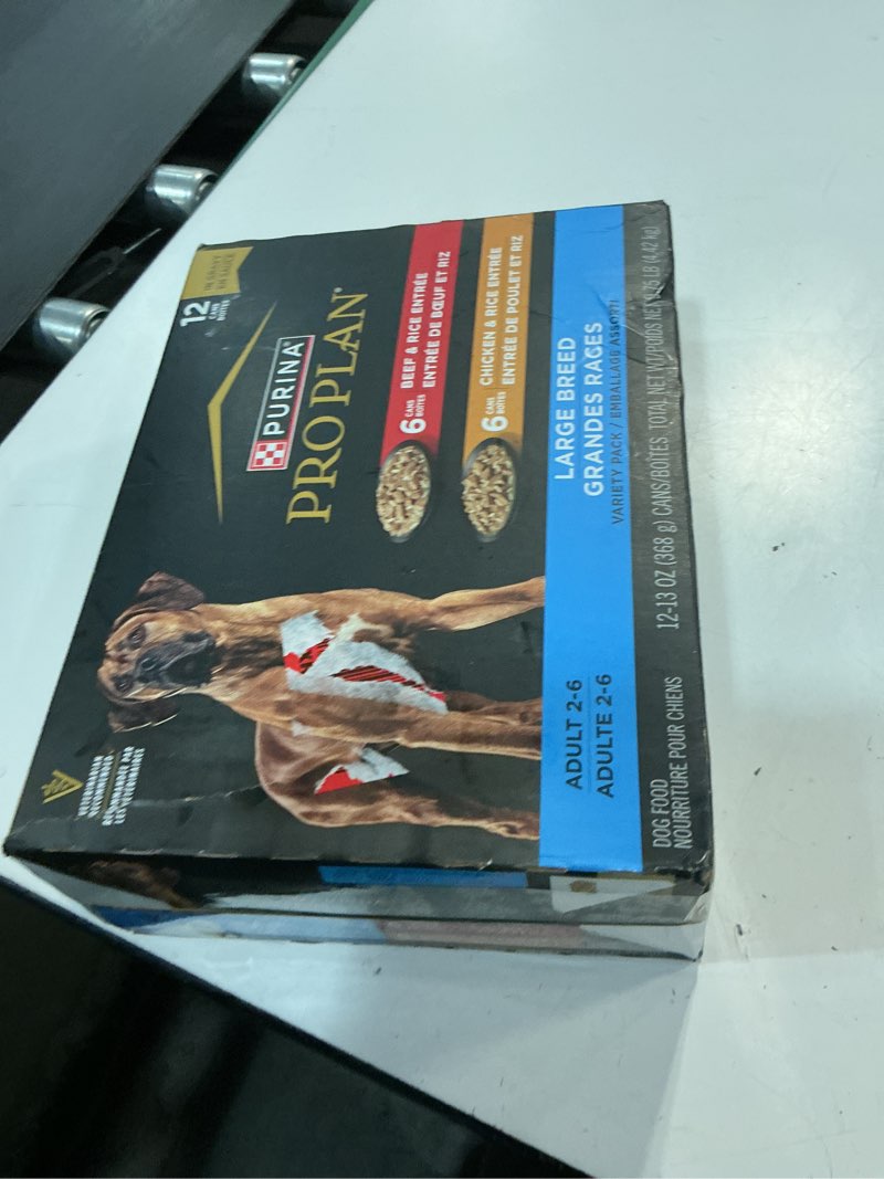 Condition photo showing New/Like New for ( best if usef by :10/2027) purina pro plan specialized large breed chicken and rice and beef and rice in gravy 12ct high protein wet dog food variety pack - (pack of 12) 13 oz. cans 13 ounce (pack of 12)