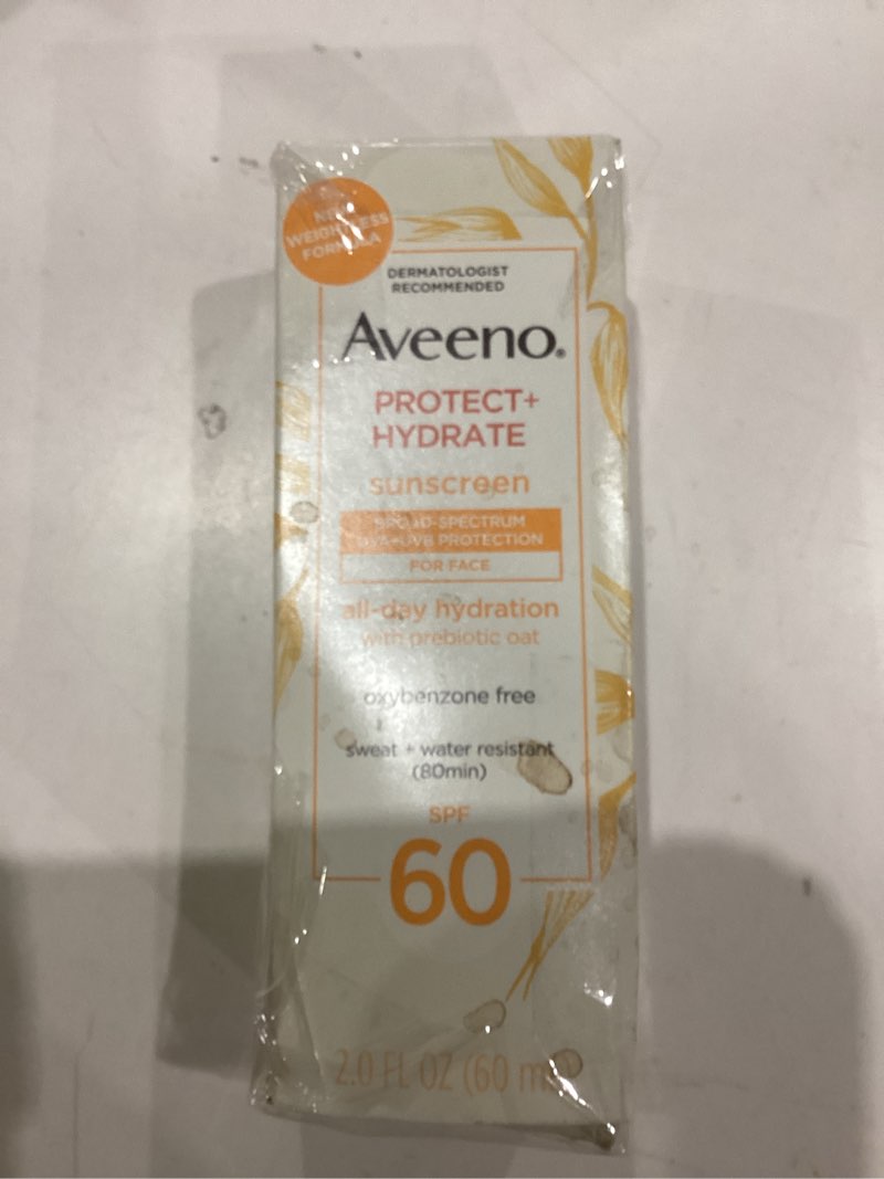 Condition photo showing As Is for Aveeno Protect + Hydrate Sunscreen Moisturizing Face Lotion with Broad Spectrum SPF 60 and Prebiotic Oat, Paraben, Phthalate, Oxybenzone and Oil Free Sunscreen for Sensitive Skin, 2.0 FL OZ
