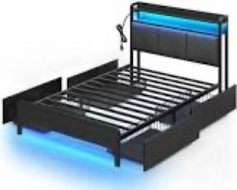 rolanstar bed frame with charging station and led lights, upholstered storage headboard with drawers, heavy duty metal slats, no box spring needed, noise free, easy assembly
