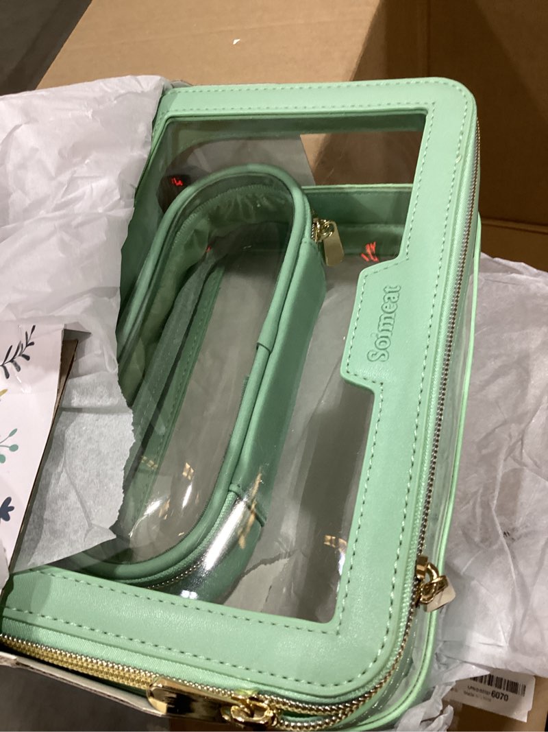 Condition photo showing Good Condition for soimeat travel clear makeup bag with makeup brush bag, leather make up case toiletry bag, portable cosmetic bag case, transparent waterproof cosmetic organizer storage bag for women, off-white l off-white