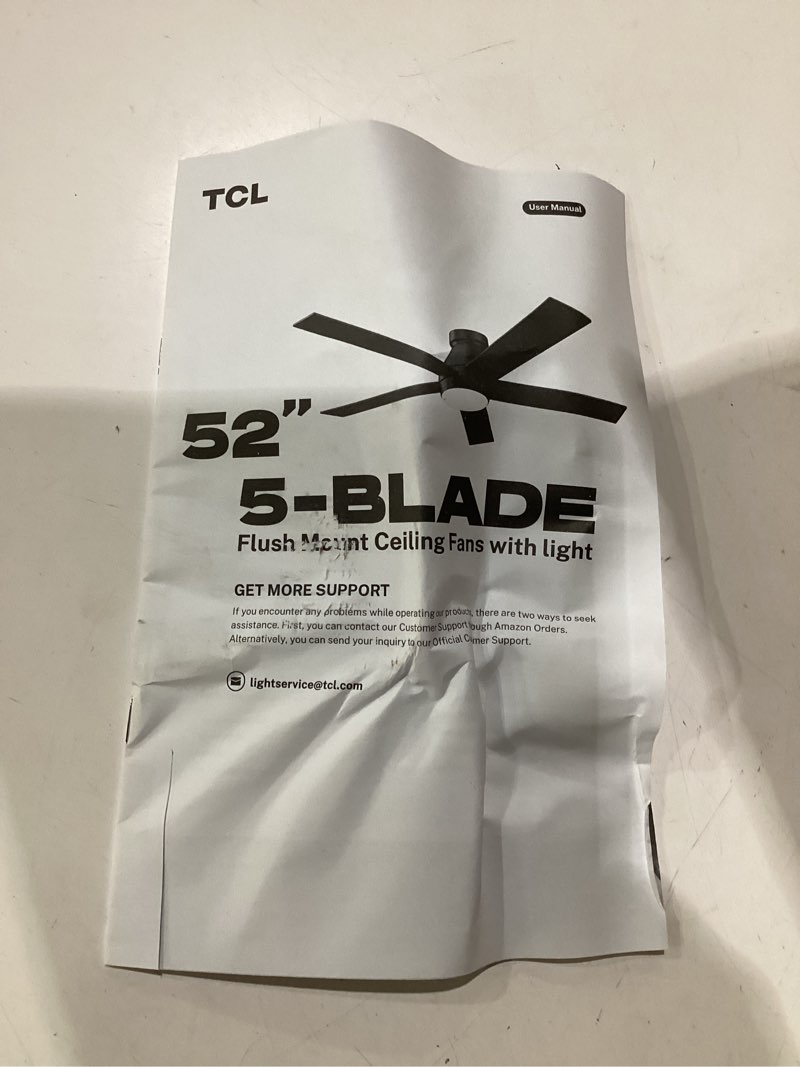 Condition photo showing New/Like New for tcl 52" black flush mount ceiling fan with light & remote | low profile ceiling fan with quiet 6-speed reversible dc motor. dimmable led light. ideal noiseless fan for bedroom