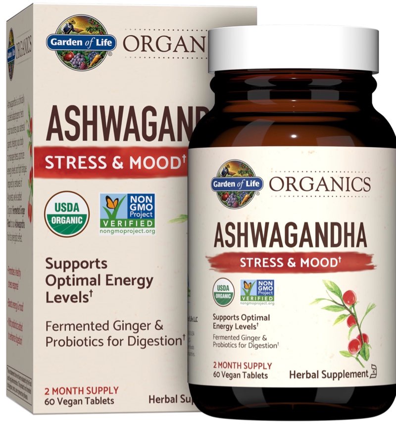 Garden of Life Organic Ashwagandha Supplement with Probiotics & Ginger - Stress, Mood & Energy Support, Vegan, Gluten Free, Non GMO, 2 Month Supply, 60 Tablets(BEST BY 03/2026)