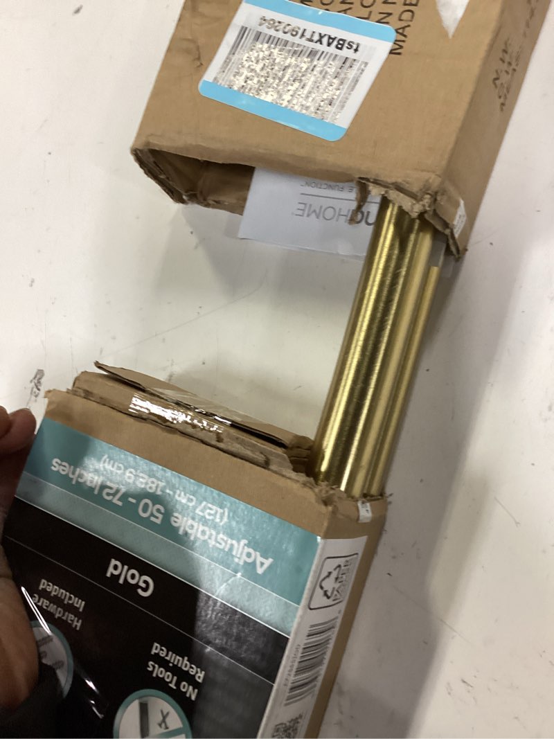 Condition photo showing Good Condition for Zenna Home Rustproof Curved Shower Curtain Rod, No Drill Tension or Permanent Mount Adjustable Curved Shower Rod for Bathroom, Easy Install, Rounded for Extra Room, 50 to 72 Inches, Gold