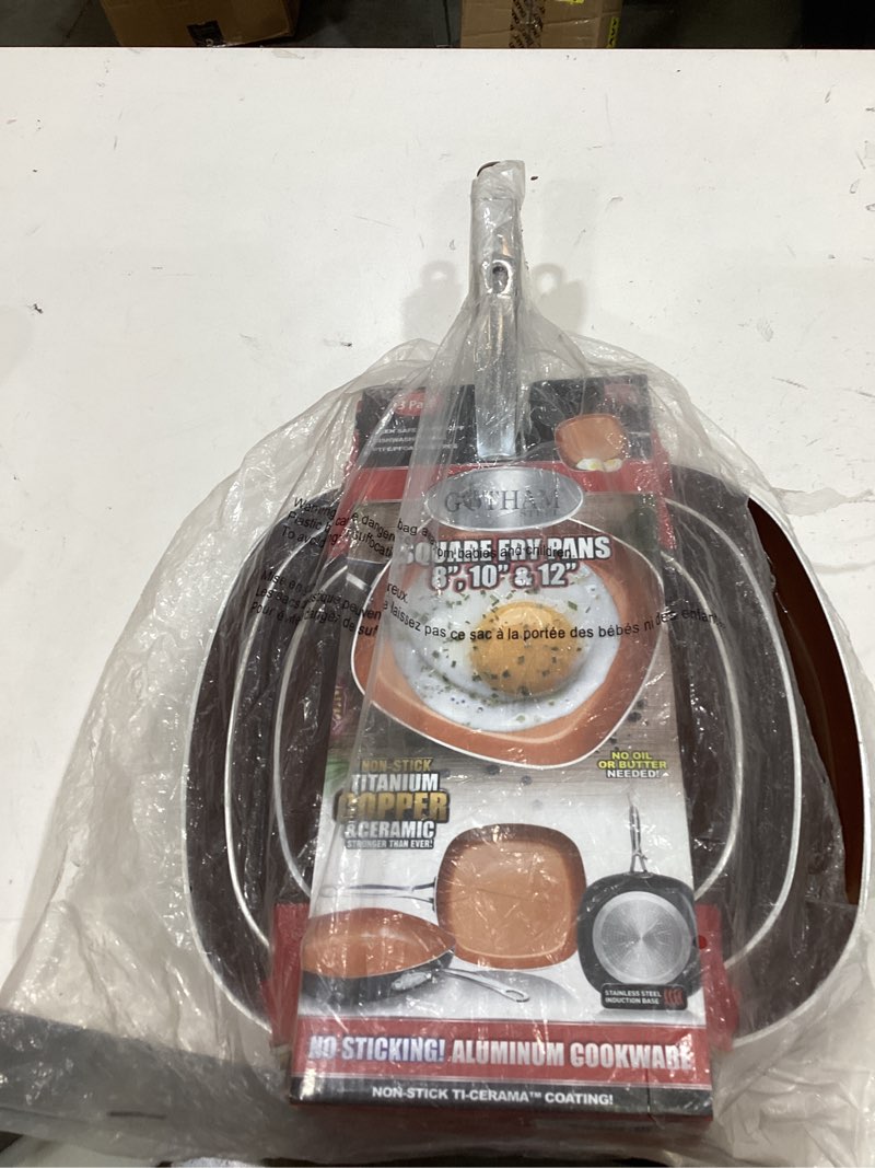 Condition photo showing Good Condition for gotham steel 3 piece shallow square frying pan 8", 10" and 12"cookware set, induction compatible base, oven-safe up to 500 degrees, non- scratch coating