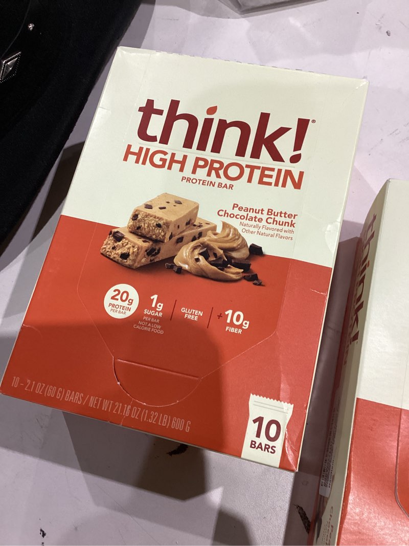Condition photo showing New/Like New for think! Protein Bars, High Protein Snacks, Gluten Free, High Fiber, Peanut Butter Chocolate Chunk, 10 Count Peanut Butter Chocolate Chunk 10 Count (Pack of 1)