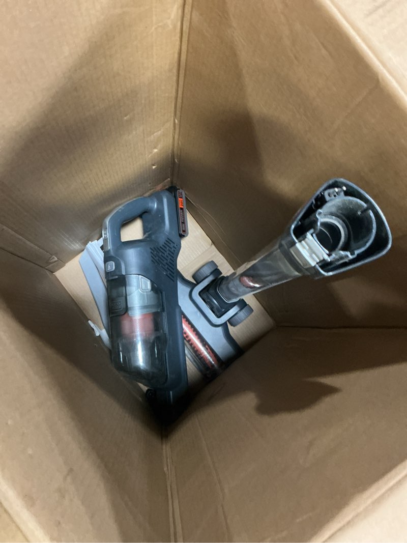 Condition photo showing As Is for black+decker powerseries 20v max cordless stick vacuum cleaner, household vacuum cleaners for hardwood floors and carpet, led lights, detachable, anti-tangle, lightweight, bagless (bhfea18d1) gray/orange vac