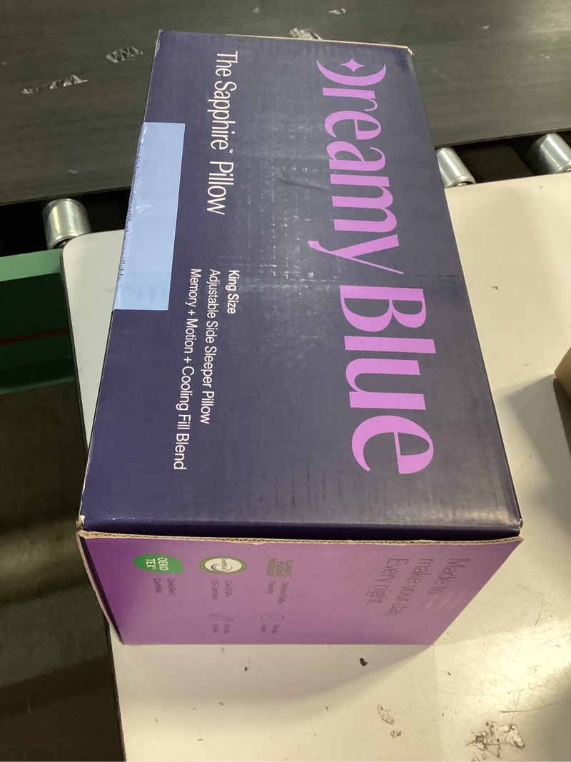 Condition photo showing New/Like New for dreamyblue gusseted sapphire pillow • adjustable loft, luxury cover, shredded memory foam fill w/airflow beads •ideal for wide shoulders •neutral alignment for all • certipur-us certified foam (king) sapphire king