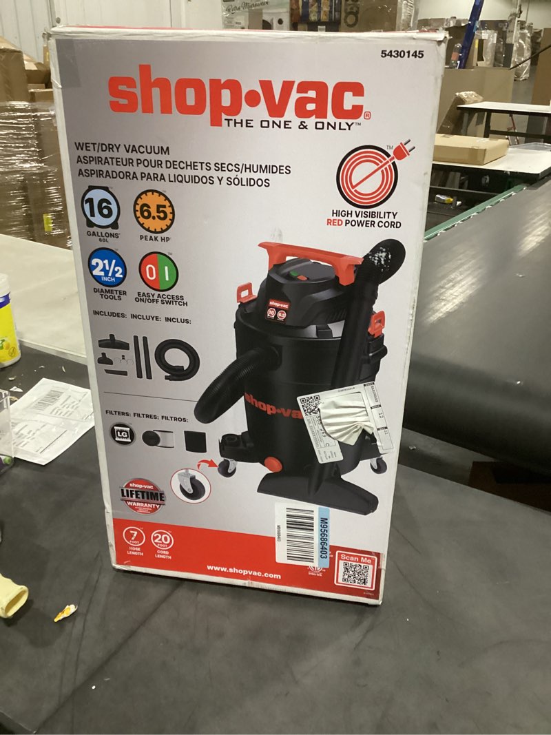 Condition photo showing As Is for shop-vac 16-gallon 6.5 hp corded wet/dry shop vacuum with accessories included