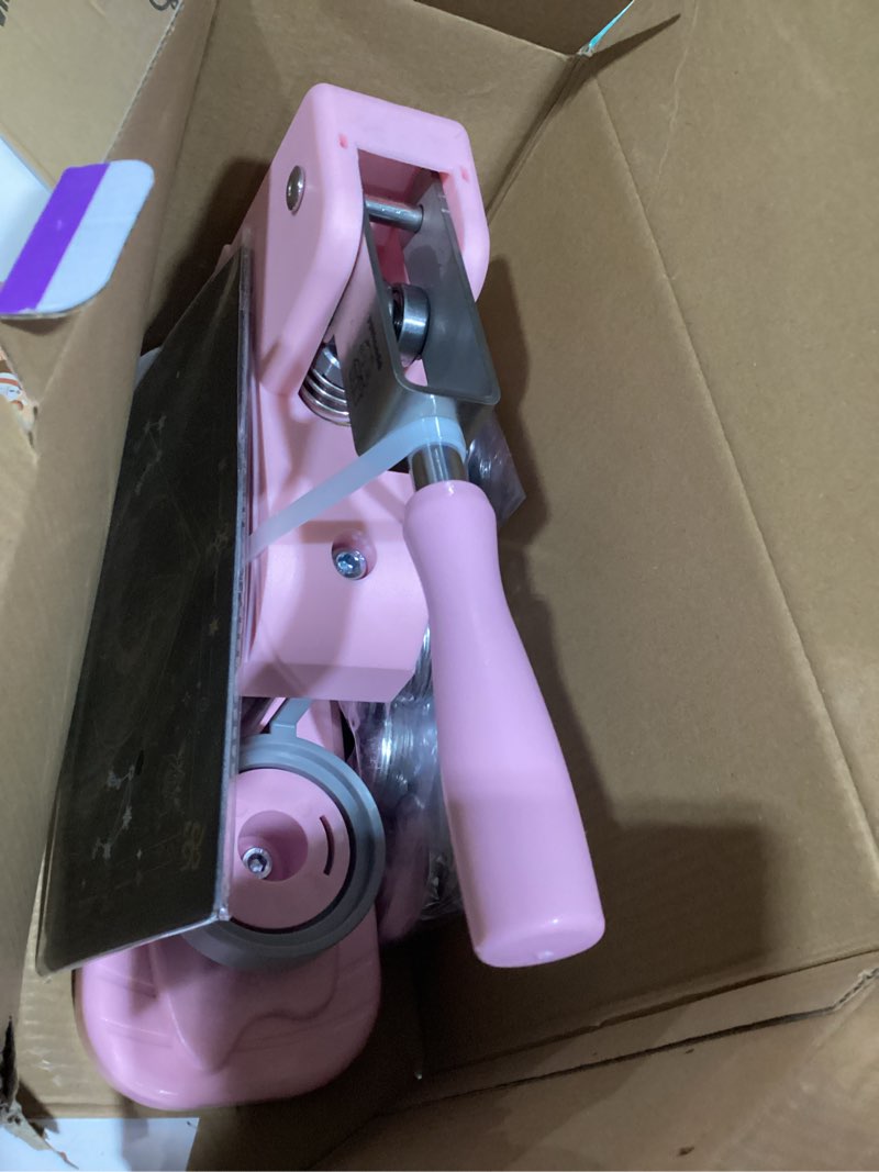 Condition photo showing As Is for pink button maker machine 58mm (2.25 inch), diy button pin maker machine comes with free button parts, circle cutter, cutting board, pattern paper, holographic bags, colored film, and protective case