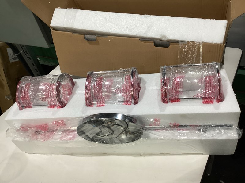 Condition photo showing New/Like New for Globe Electric 51272 Bayfield 3-Light Vanity Light, Chrome, Ribbed Seeded Glass Shades