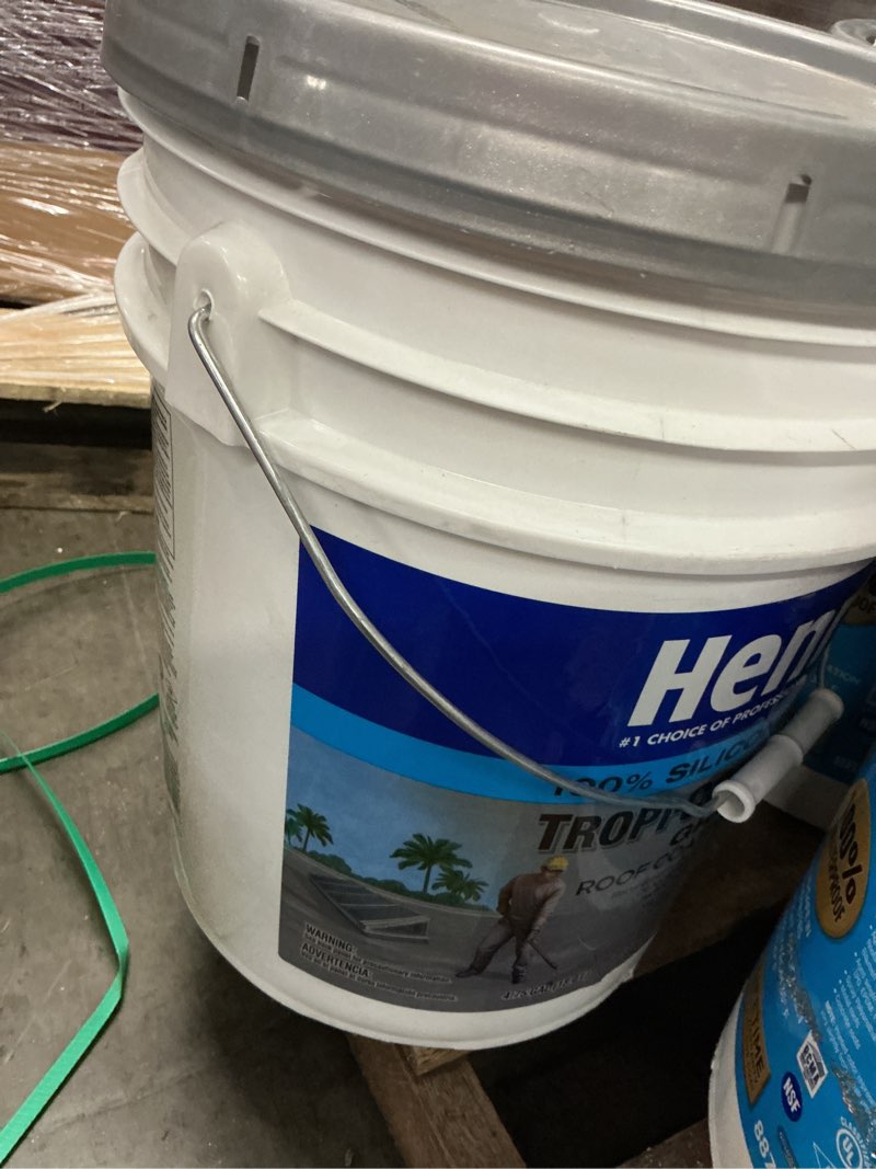 Condition photo showing As Is for henry 887g tropi-cool gray 100% silicone reflective roof coating 4.75 gal.