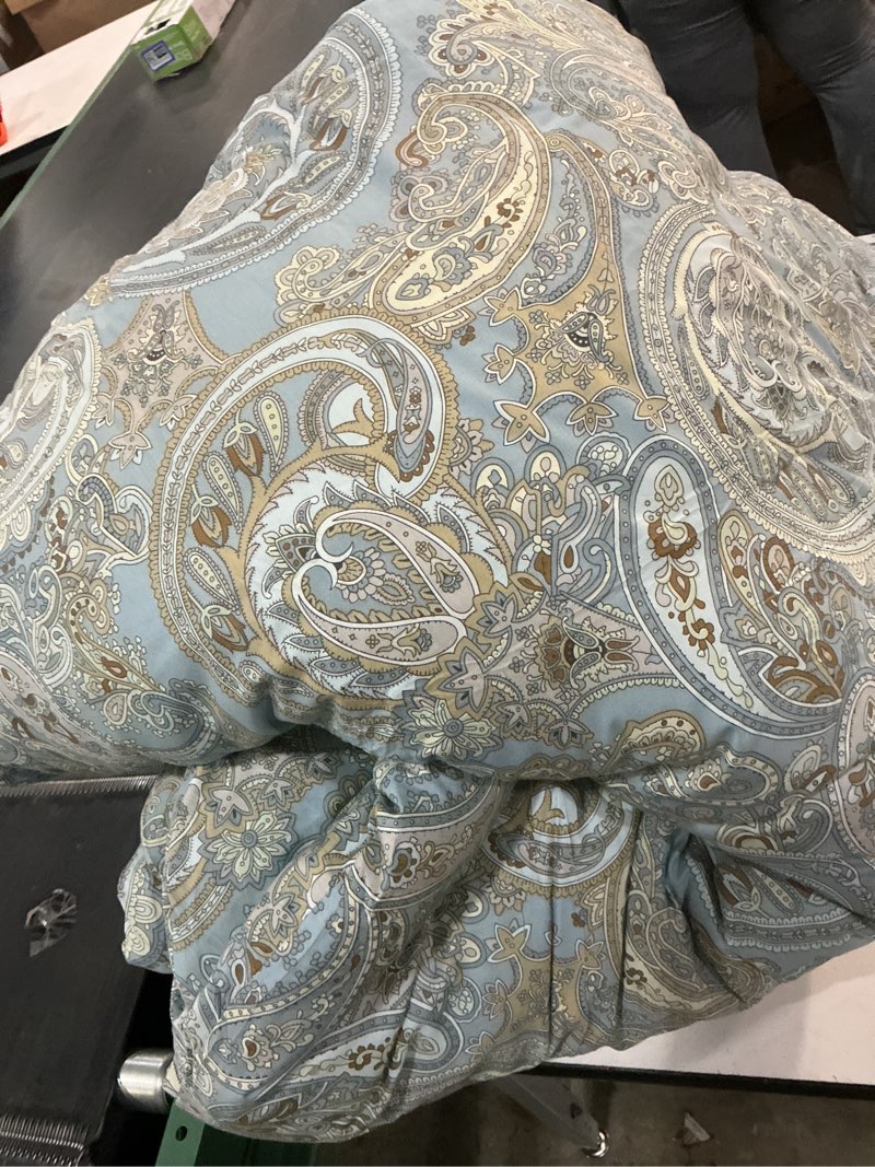 Condition photo showing As Is for grey blue paisley comforter set queen size 3 pieces 100% cotton boho paisley pattern bedding set all season soft cotton lightweight reversible comforter blue paisley queen