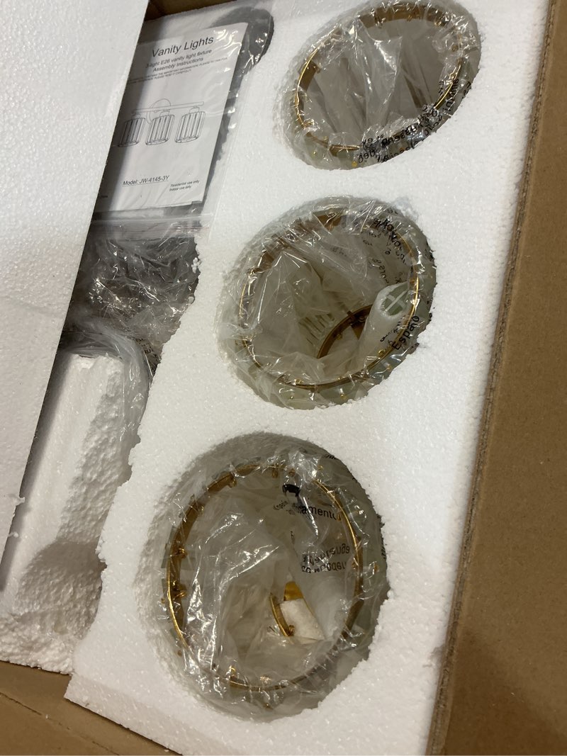 Condition photo showing New/Like New for modern 3 light crystal vanity light, brushed gold vertical bathroom light fixture over mirror for dressing table sink, compatible with dimmable bulbs (bulbs not included) brushed gold 3-light