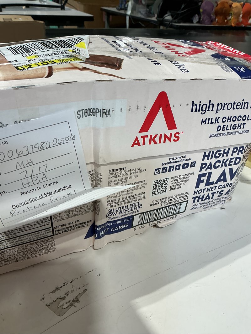 Condition photo showing Good Condition for atkins milk chocolate delight protein shake, high protein, low carb, low sugar, keto friendly, gluten free, 12 ct