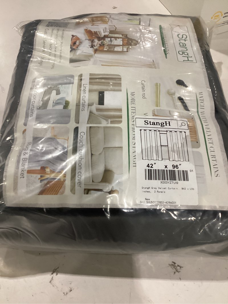 Condition photo showing As Is for stangh grey velvet curtains for doorway 96 inches long grommet light blocking panels privacy thermal insulated window drapes for sliding glass door/bedroom, w42 x l96 inches, 2 panels 42"w x 96"l (pack of 2) achromatic series - grey